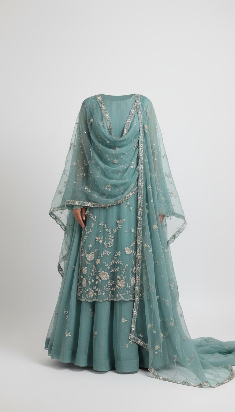 Teal Mist organza dupatta ensemble
